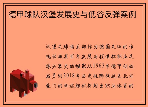 德甲球队汉堡发展史与低谷反弹案例