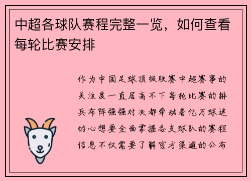 中超各球队赛程完整一览，如何查看每轮比赛安排
